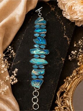 Titanium Plated Blue Quartz Druzy Toggle Bracelet
